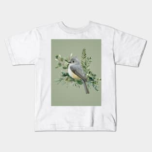 Grey Bird on Branch olive green background Kids T-Shirt